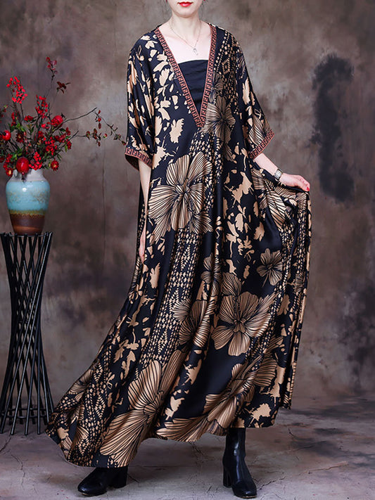 Robe longue ample vintage en soie florale à col en V d'été