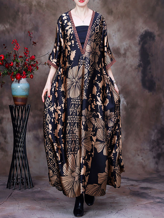Robe longue ample vintage en soie florale à col en V d'été
