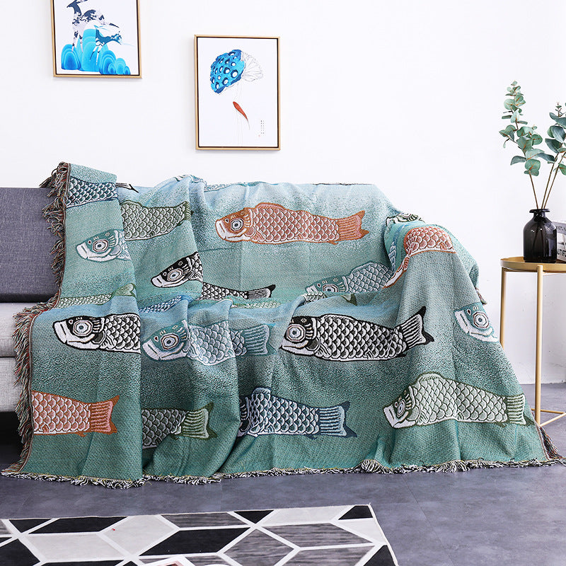 Tassel Four Season Fish Blanket Polyester Sofa Throw Blanket Quilt