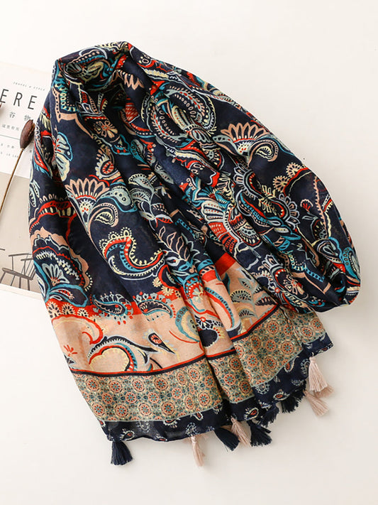 Écharpe à pompon imprimée de style ethnique vintage pour femmes