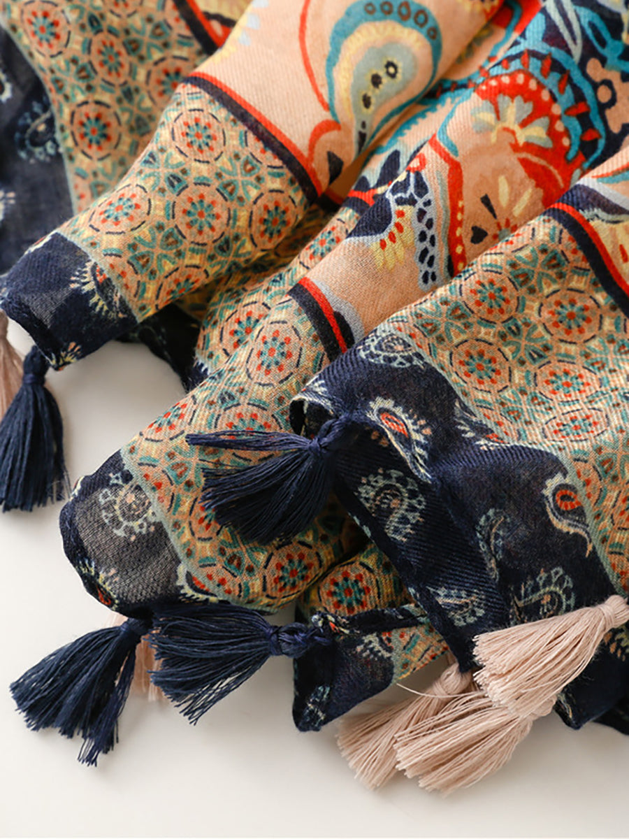 Écharpe à pompon imprimée de style ethnique vintage pour femmes
