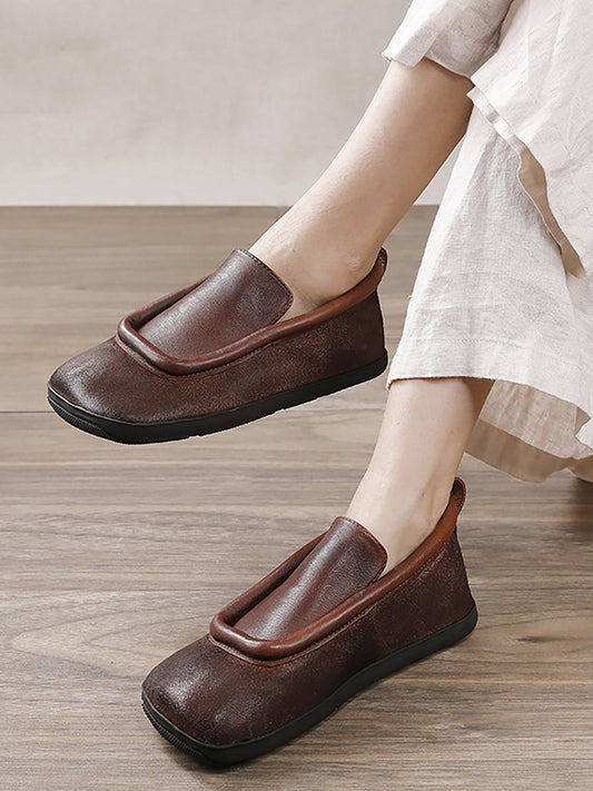 Chaussures en cuir vintage plates à bout rond pour femmes