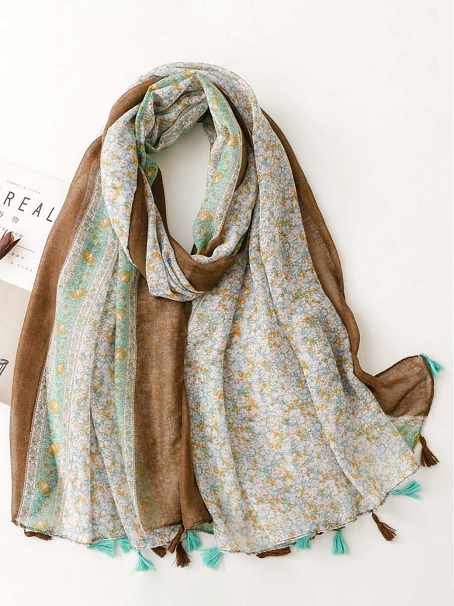 Women Ethnic Style Voile Tassel Floral Scarf Shawl