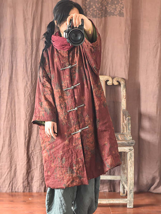 Women Ethnic Flowers Print 100%Linen Coat