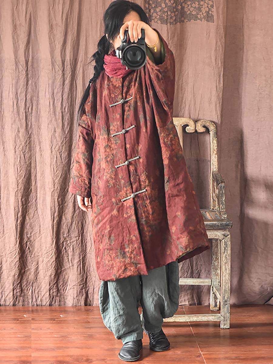 Women Ethnic Flowers Print 100%Linen Coat