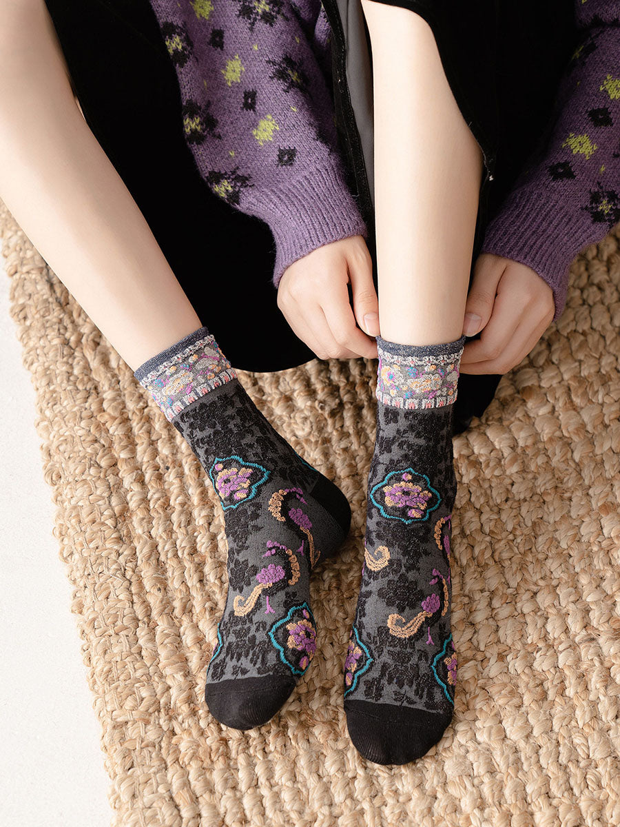 5 paires de chaussettes jacquard de style chinois vintage de printemps