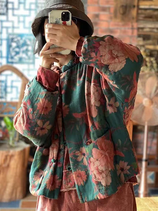 Manteau d'hiver en coton grenouille imprimé Floral Vintage pour femme