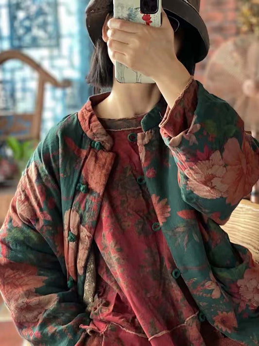 Manteau d'hiver en coton grenouille imprimé Floral Vintage pour femme
