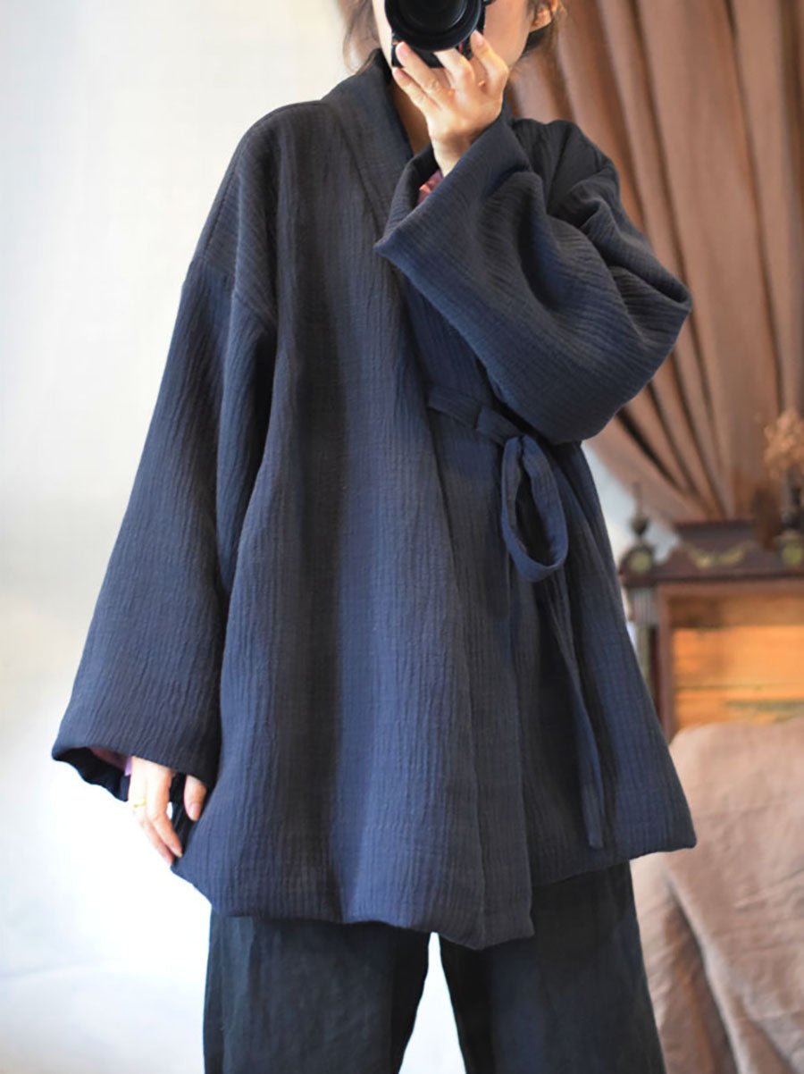 Women Winter Chinese Style Drawstring Linen Cotton Coat