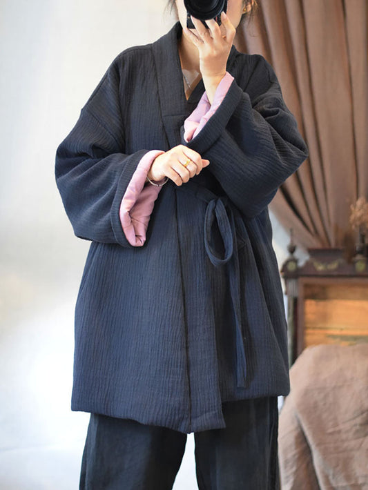 Manteau d'hiver en coton et lin avec cordon de serrage de style chinois pour femmes