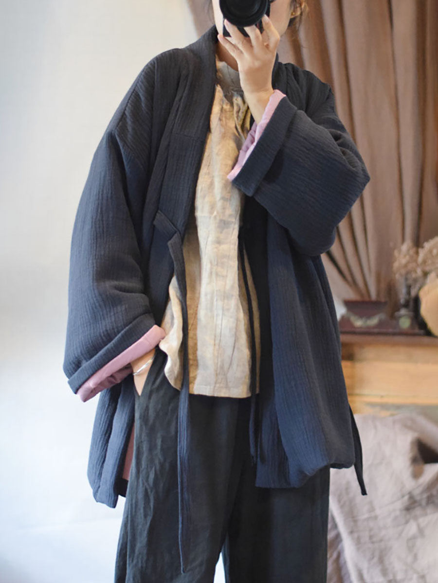 Women Winter Chinese Style Drawstring Linen Cotton Coat