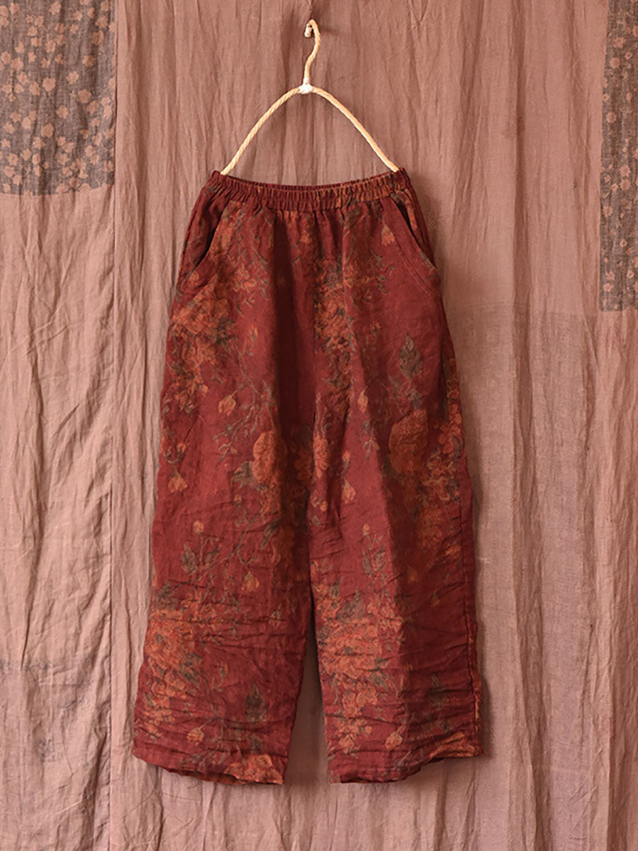 Women Spring Vintage Floral Print Loose Pants