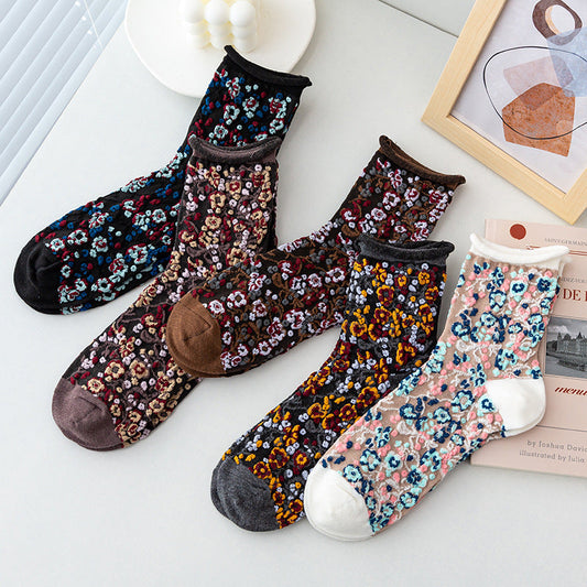5 paires de chaussettes à ourlets en jacquard floral pour femmes d'hiver