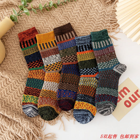 5 paires de chaussettes chaudes épaisses en jacquard vintage d'hiver