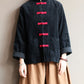 Women Winter Chinese Style Frog Corduroy Solid Pocket Coat