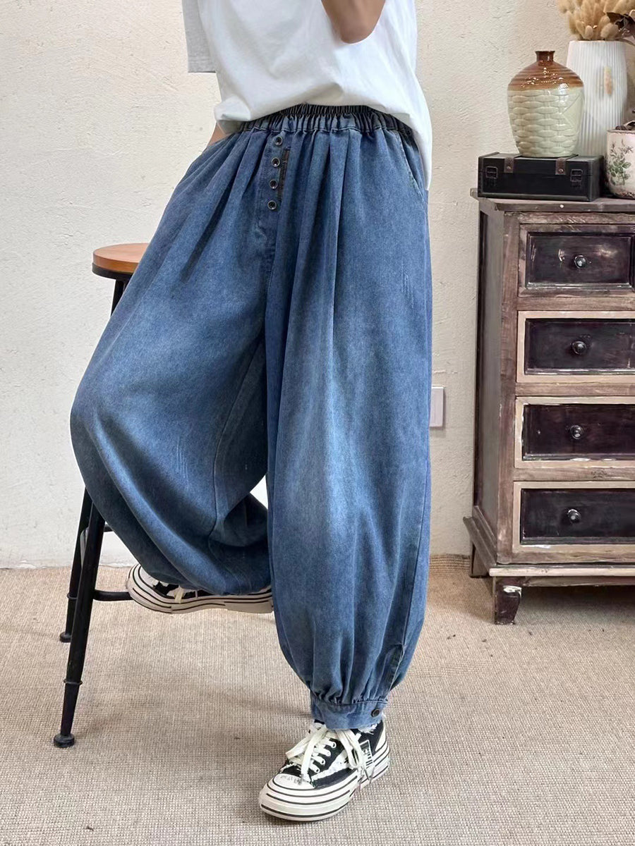 Bloomers en jean avec poche à taille élastique pour femmes, boutons artistiques