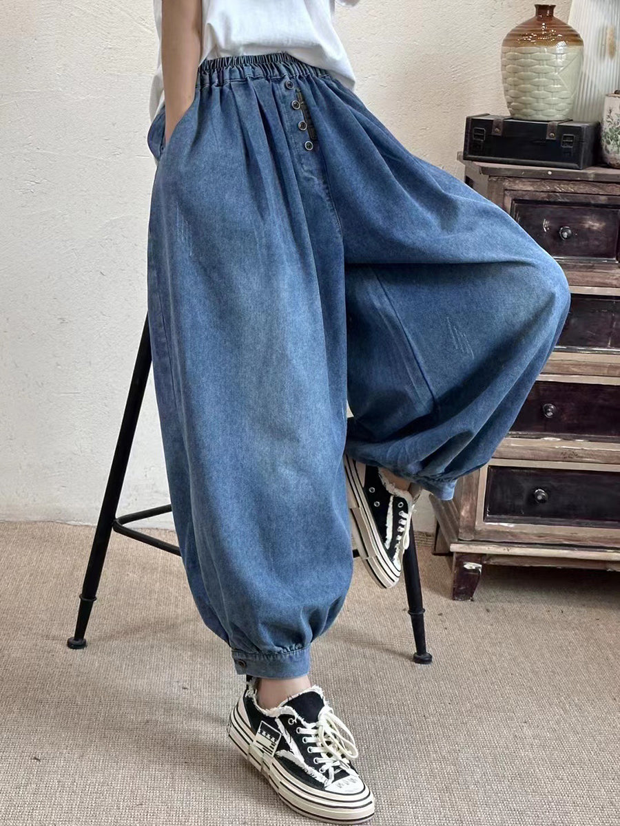 Bloomers en jean avec poche à taille élastique pour femmes, boutons artistiques