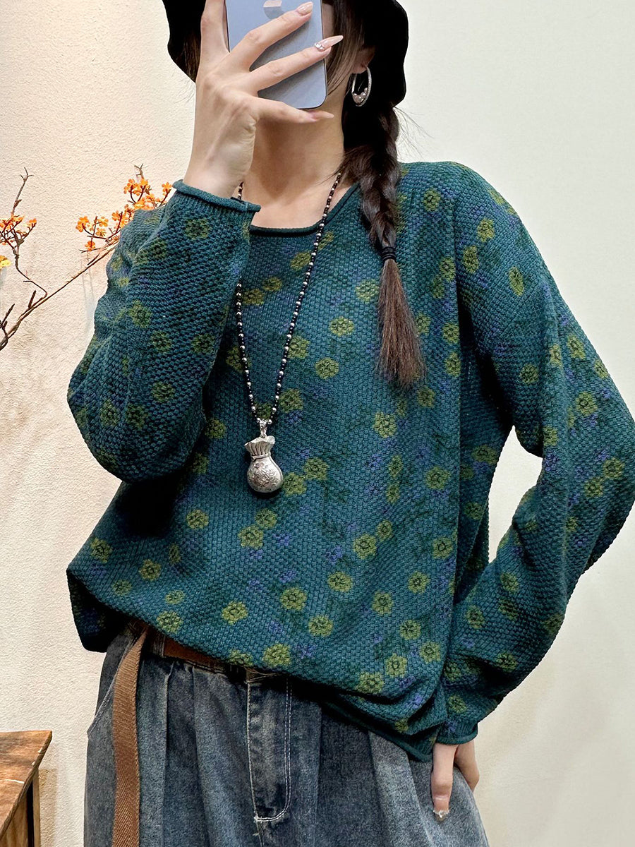 Women Spring Vintage Floral Knitted Hemming Pullover Shirt