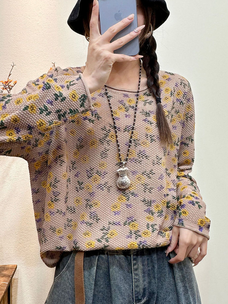 Women Spring Vintage Floral Knitted Hemming Pullover Shirt