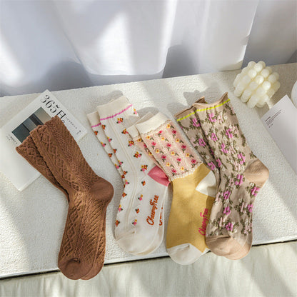 4 paires de chaussettes mi-tube en jacquard floral rétro pour femmes