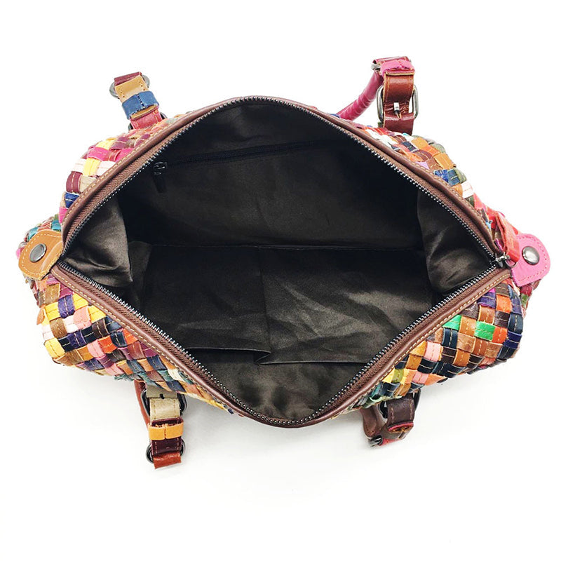 Women Retro Leather Multicolor Knitted Shoulder Bag