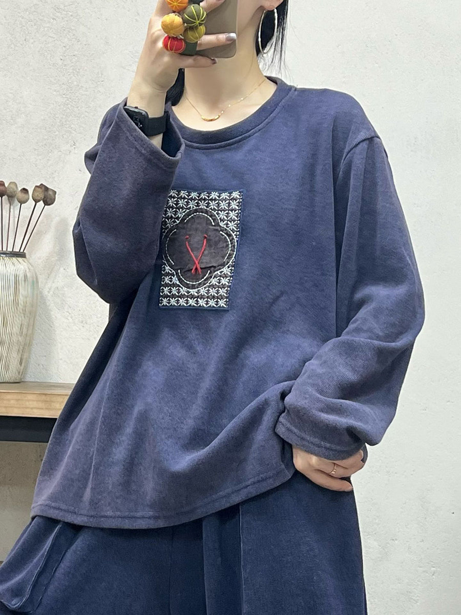 Women Vintage Solid Patch Casual Loose Shirt