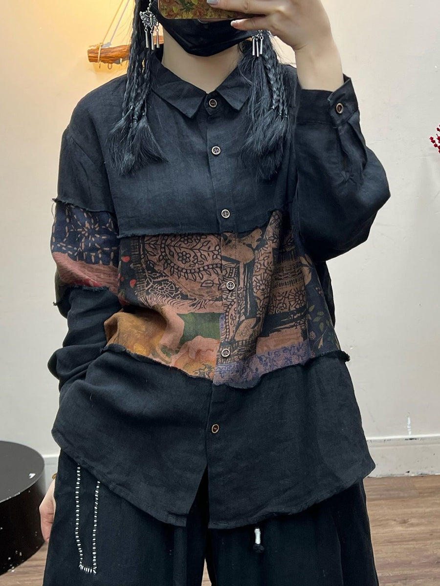 Chemise en lin à boutons épissés pour femmes, printemps Artsy Patch