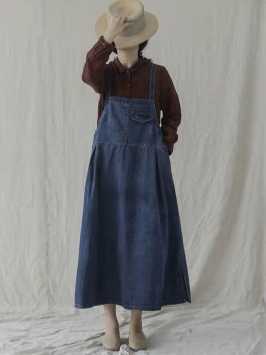 Women Spring Vintage Solid Pocket Overall Dress