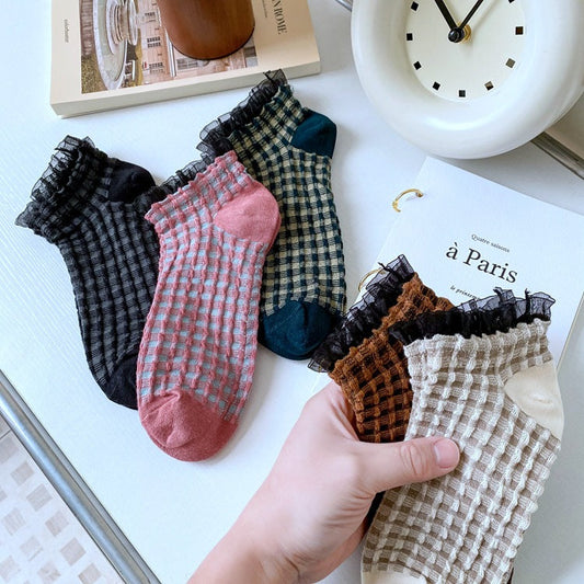 5 Pairs Women Vintage Solid Lattice Lace Socks