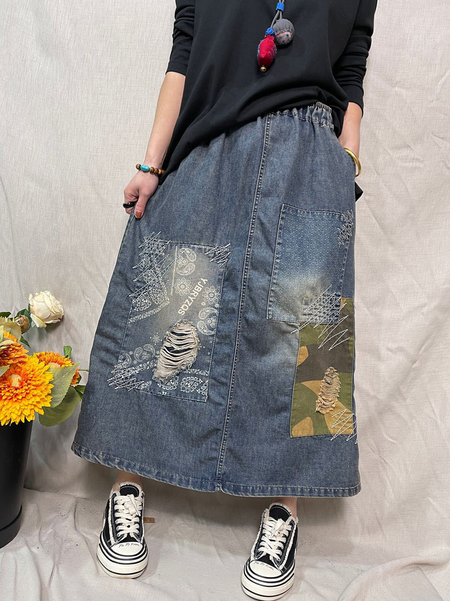 Women Casual Patch Stitching Pocket Loose Denim Skirt