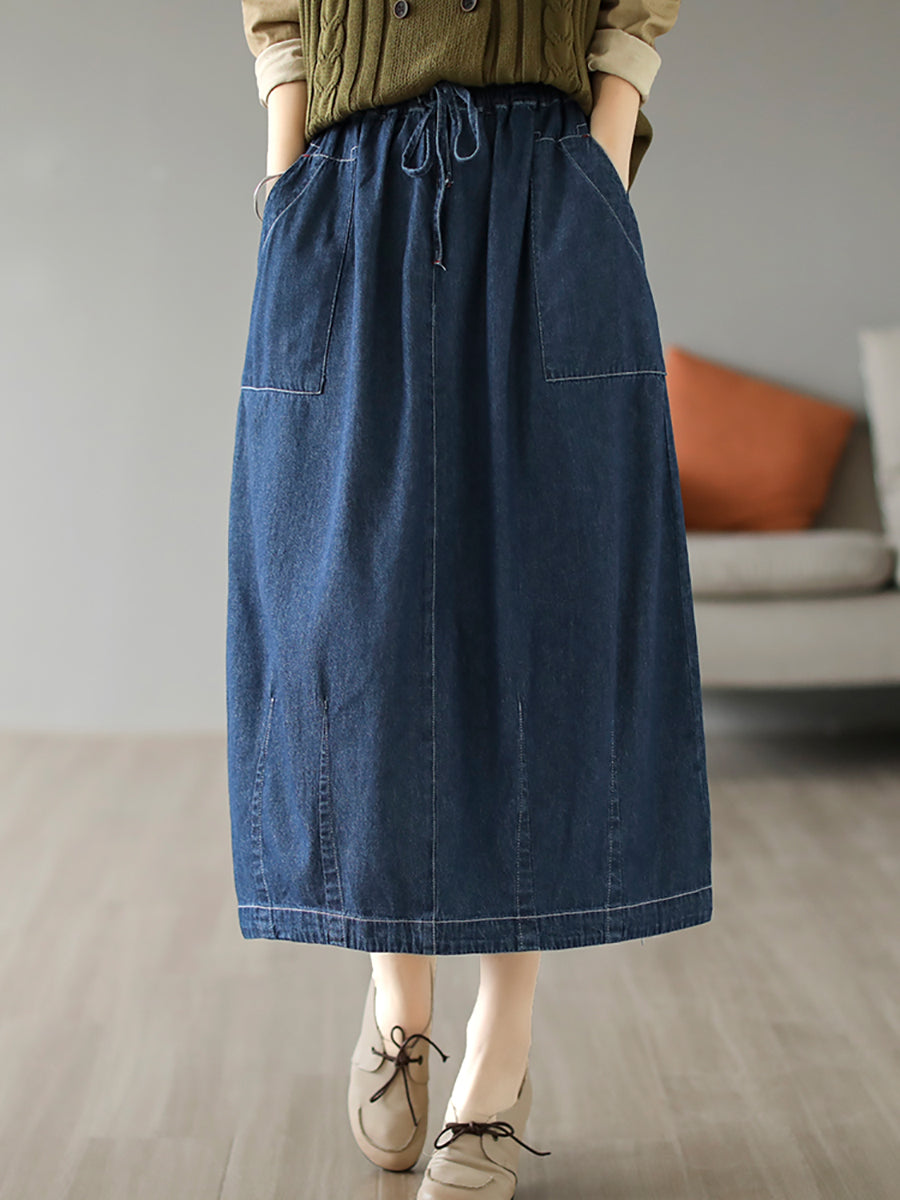 Women Casual Solid Spliced Pocket Drawstring Skirt