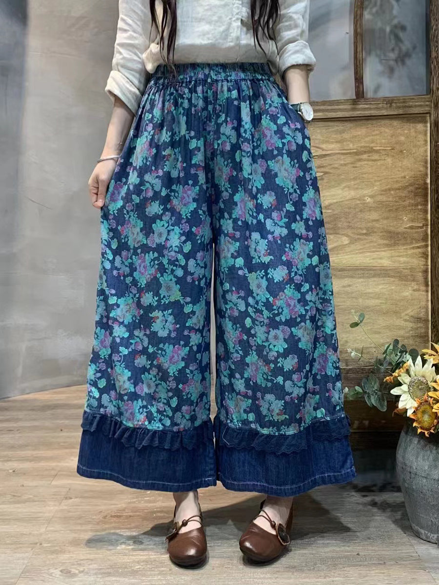 Women Summer Artsy Floral Lace Spliced Wide-leg Pants