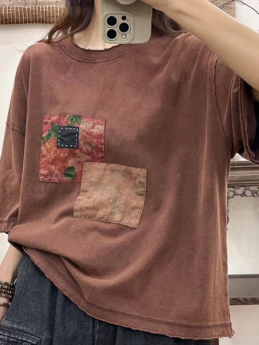 Women Retro Patch Design Stitching Loose Shirt