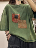 Women Retro Patch Design Stitching Loose Shirt