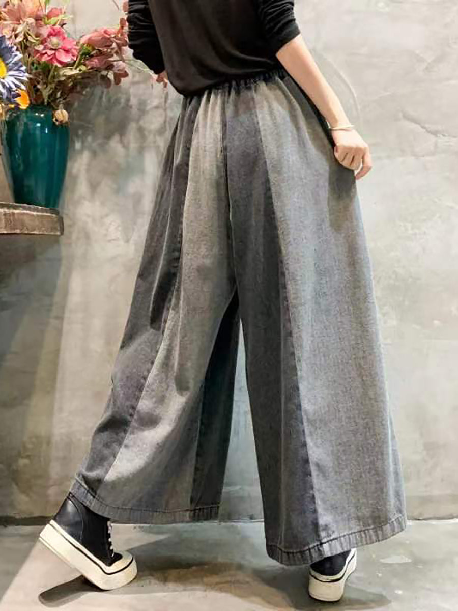 Women Spring Vintage Spliced Embroidery Wide-leg Pants