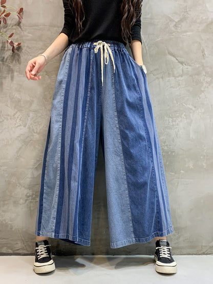 Women Spring Casual Stripe Soft Wide-leg Denim Pants