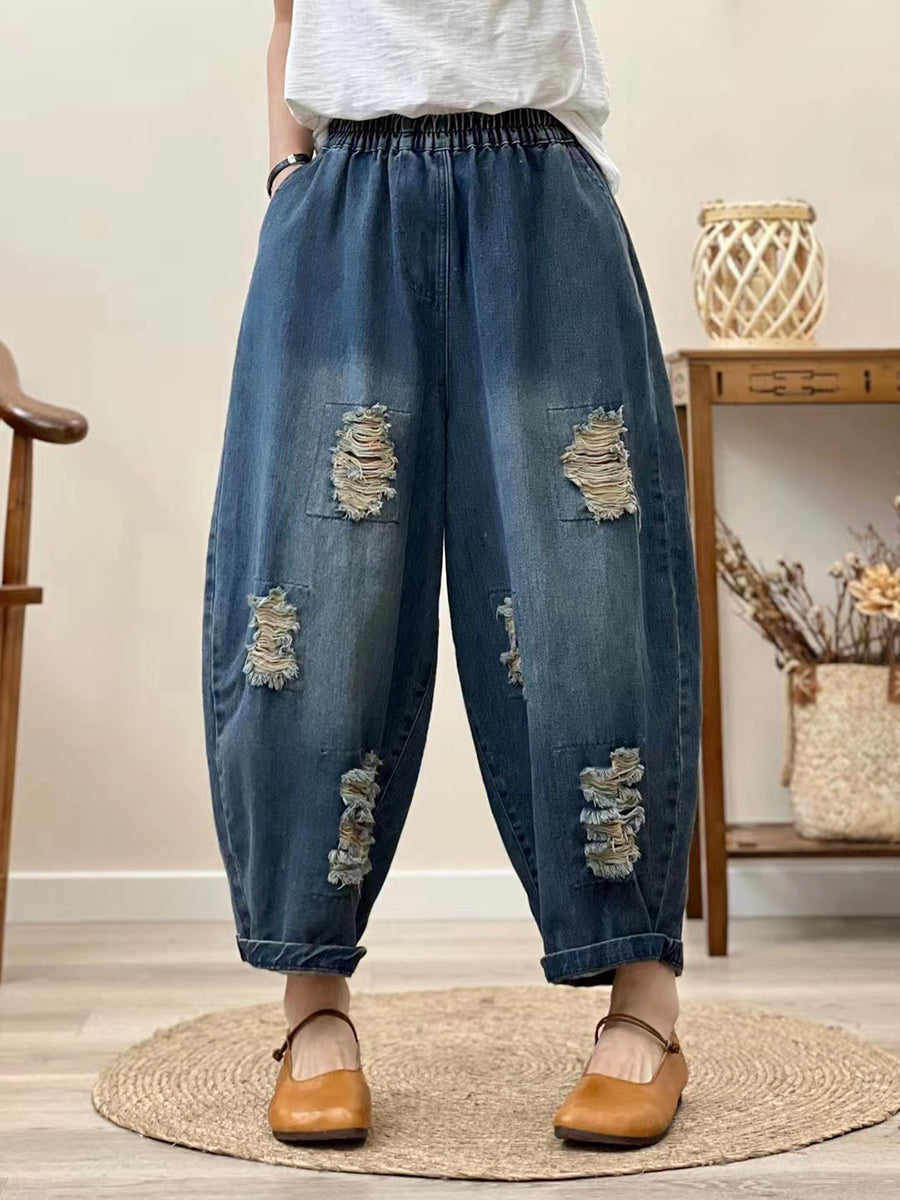 Women Casual Solid Pocket Ripped Denim Pants