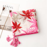 Women Artsy Maple Leaf Print Tassel Pink Shawl Scarf
