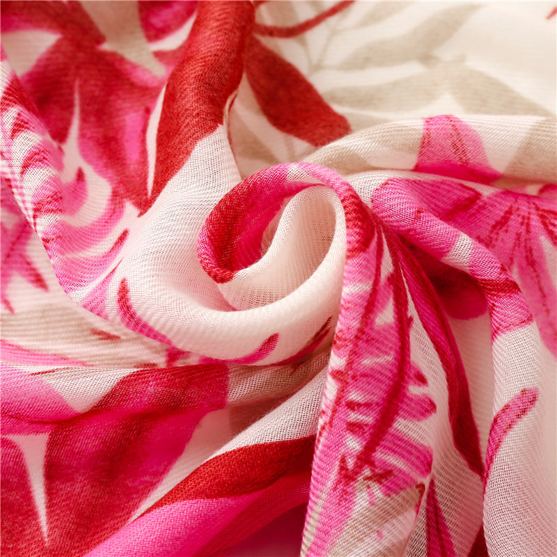 Women Artsy Maple Leaf Print Tassel Pink Shawl Scarf
