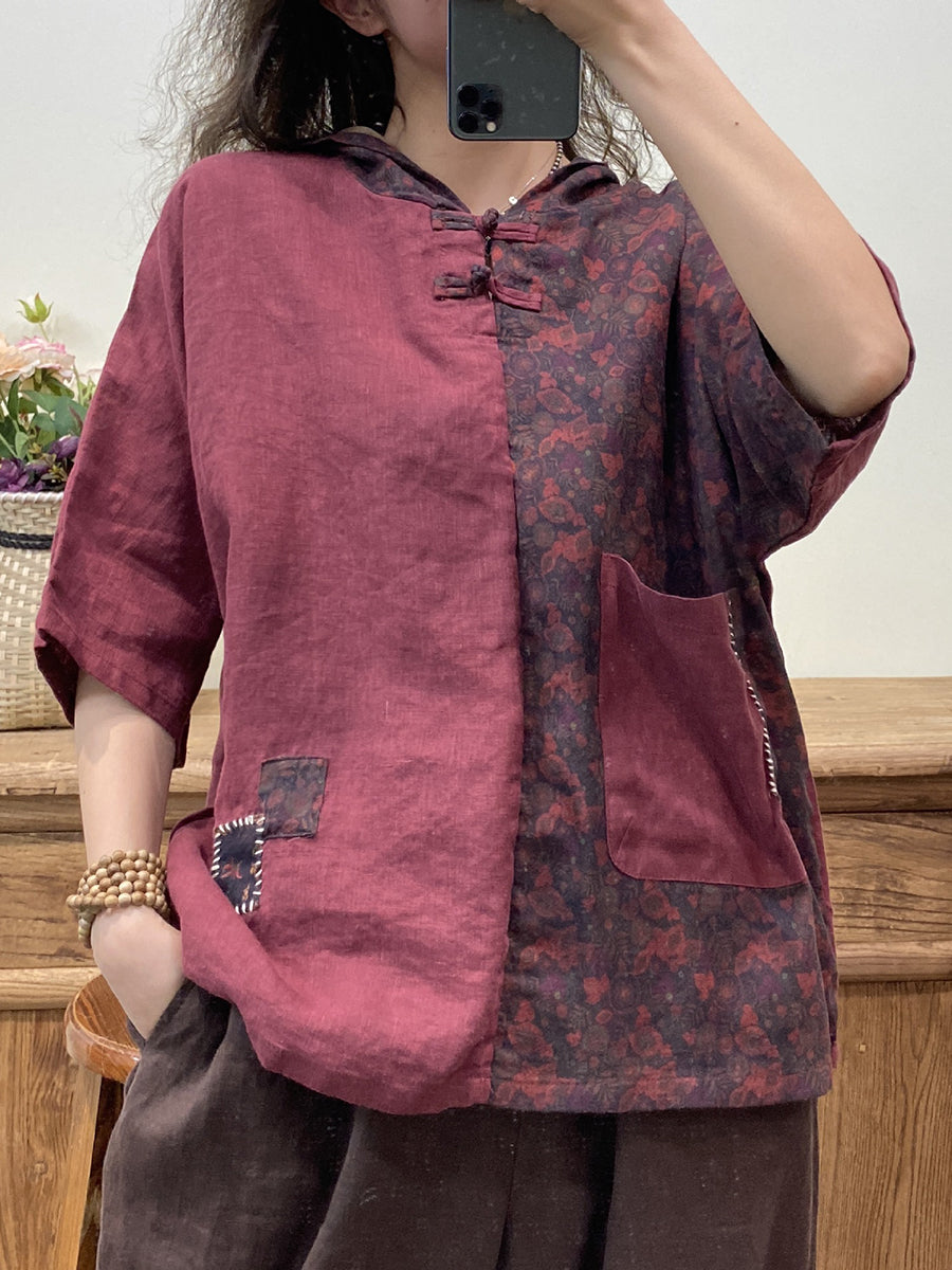 Chemise à capuche à manches mi-longues en patchwork rétro pour femmes