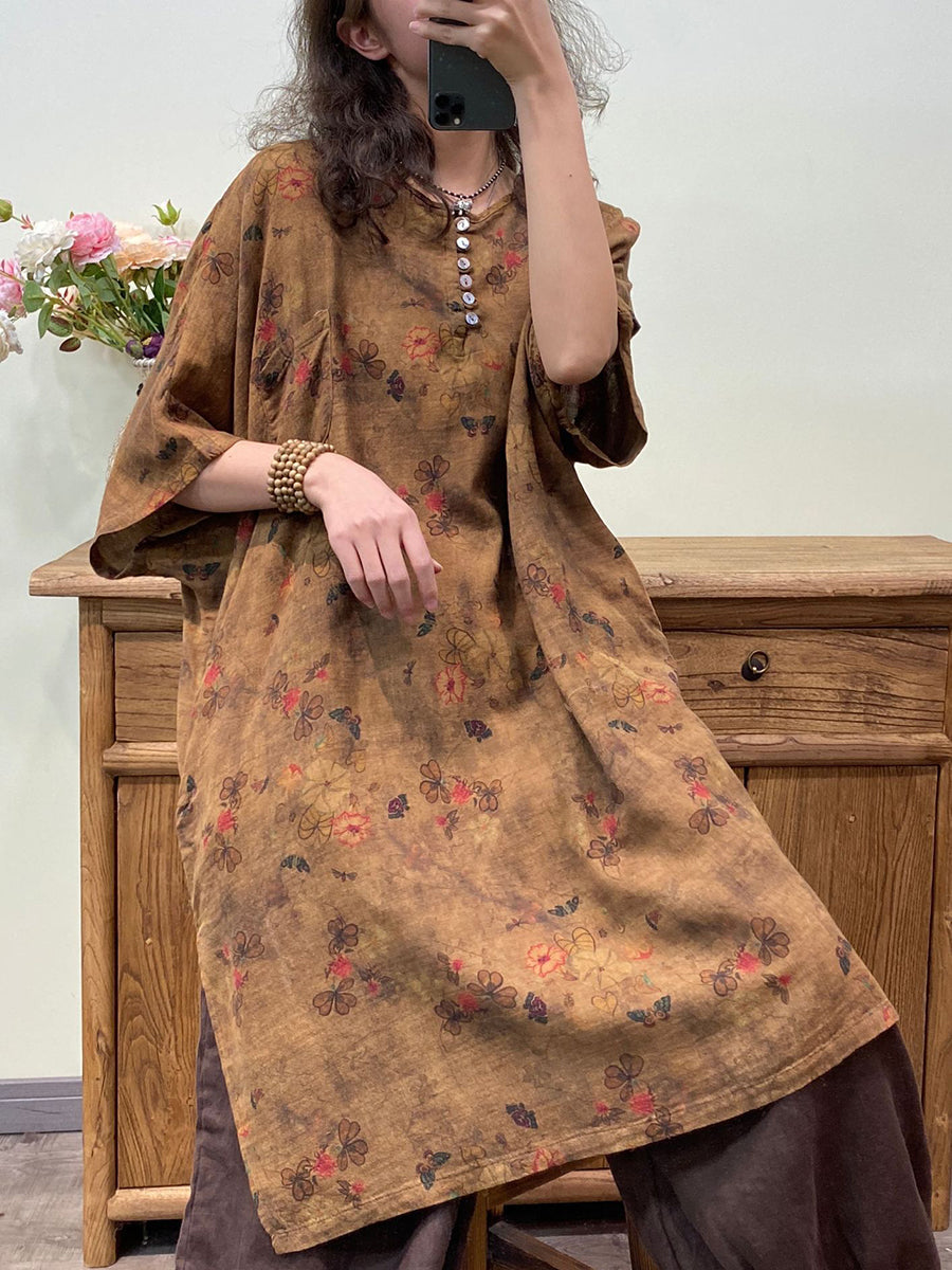 Robe d'été artistique rétro à fleurs pour femmes, ourlet fendu, bouton
