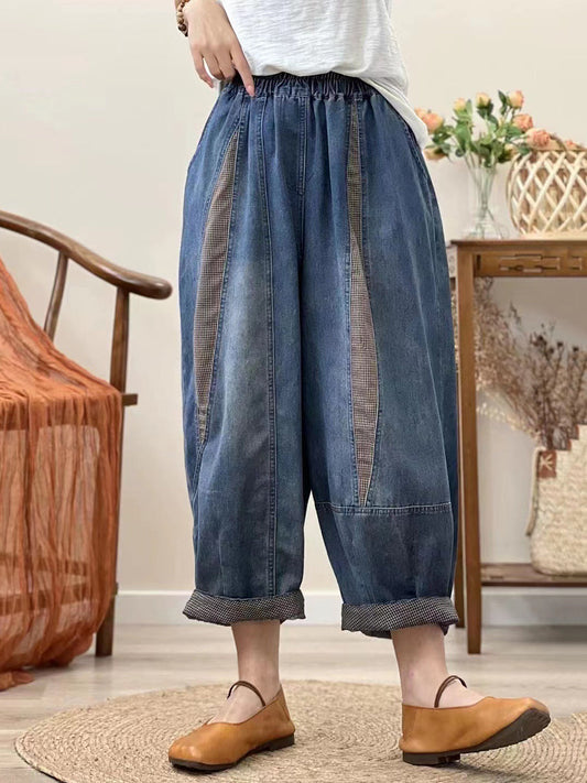 Pantalon sarouel en denim à patch ample épissé décontracté pour femmes