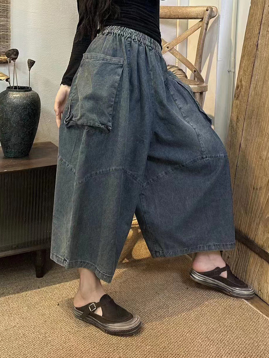 Pantalon en jean ample à jambes larges pour femmes, rétro, grande poche