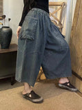 Women Retro Large Pocket Loose Wide-leg Denim Pants