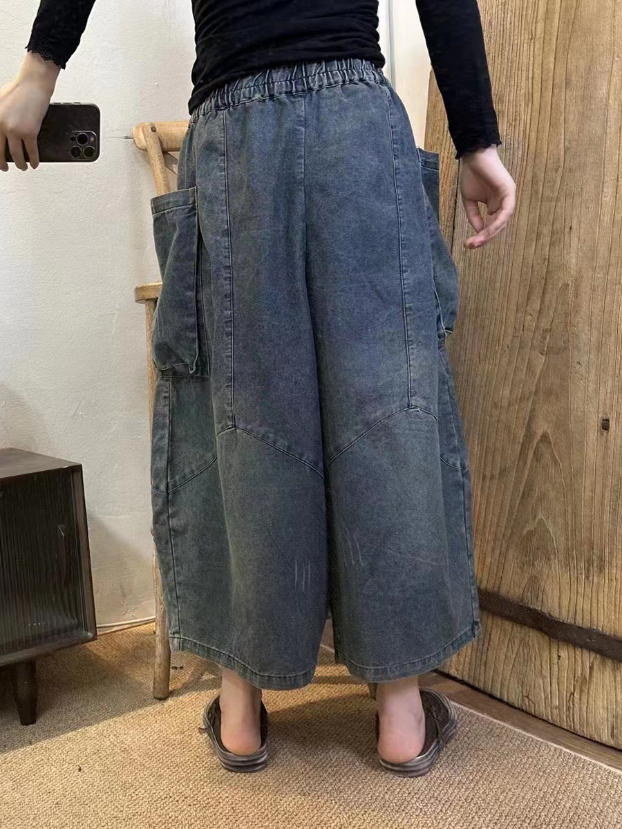 Pantalon en jean ample à jambes larges pour femmes, rétro, grande poche