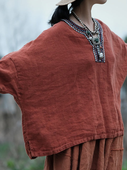 Chemise 100% lin à broderie épissée ethnique chinoise pour femmes