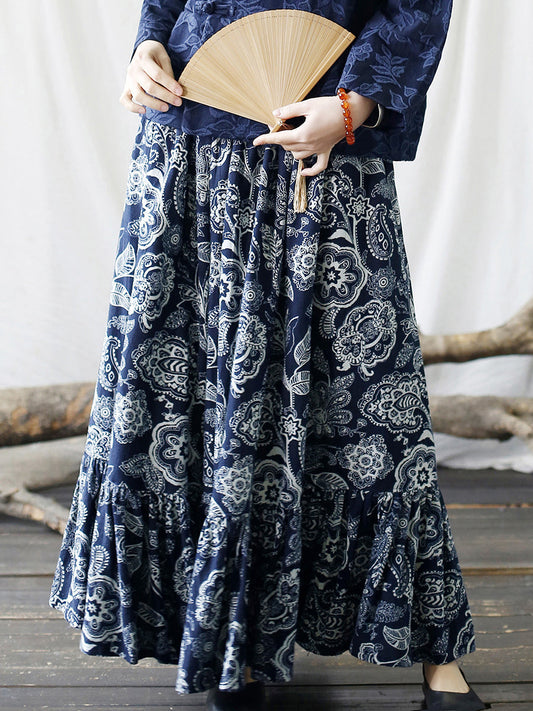 Women Vintage Plant Print Washed Long Skirt