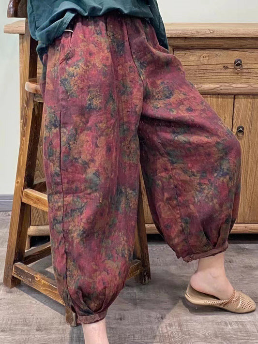 Pantalon sarouel ample à fleurs Vintage pour femmes, longueur cheville