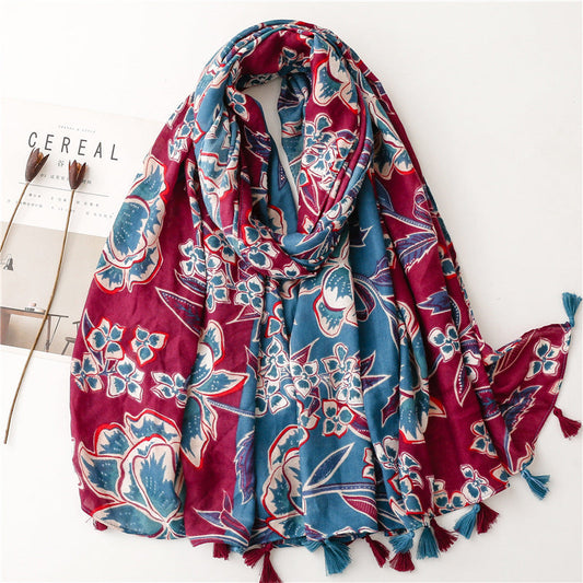 Vintage Colorblock Flower Tassel Travel Shawl Scarf