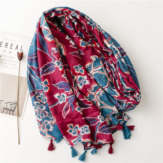 Vintage Colorblock Flower Tassel Travel Shawl Scarf